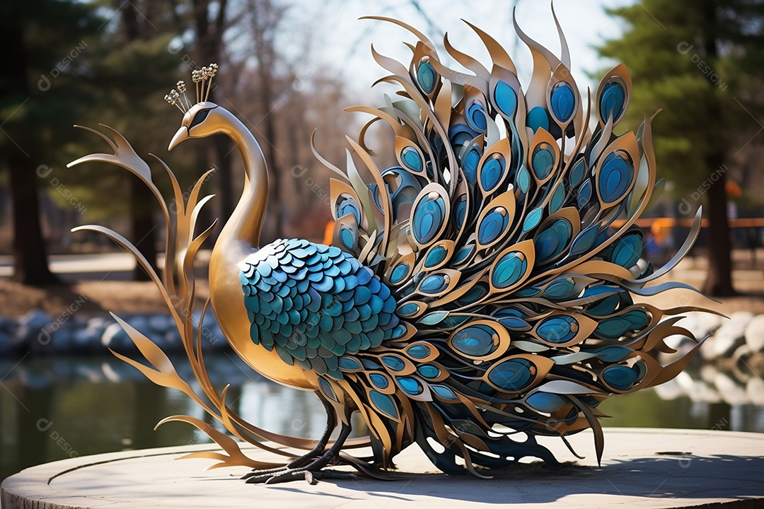 Escultura de pavão em madeira artesanal sob um parque