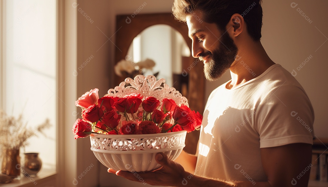 Homem olhando no espelho segurando uma linda decoração