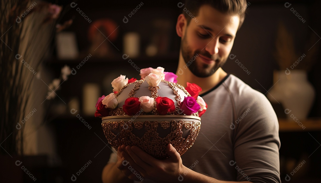 Homem olhando no espelho segurando uma linda decoração