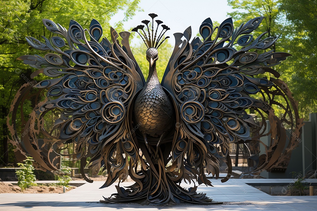 Escultura de pavão em madeira artesanal sob um parque