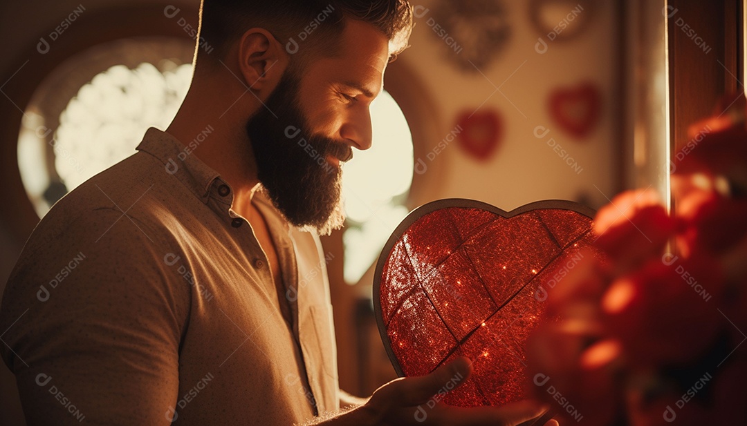 Homem olhando no espelho segurando uma linda decoração