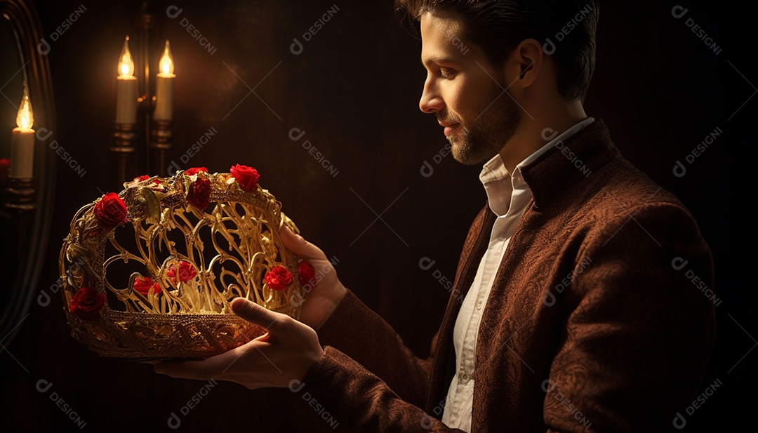 Homem olhando no espelho segurando uma linda decoração