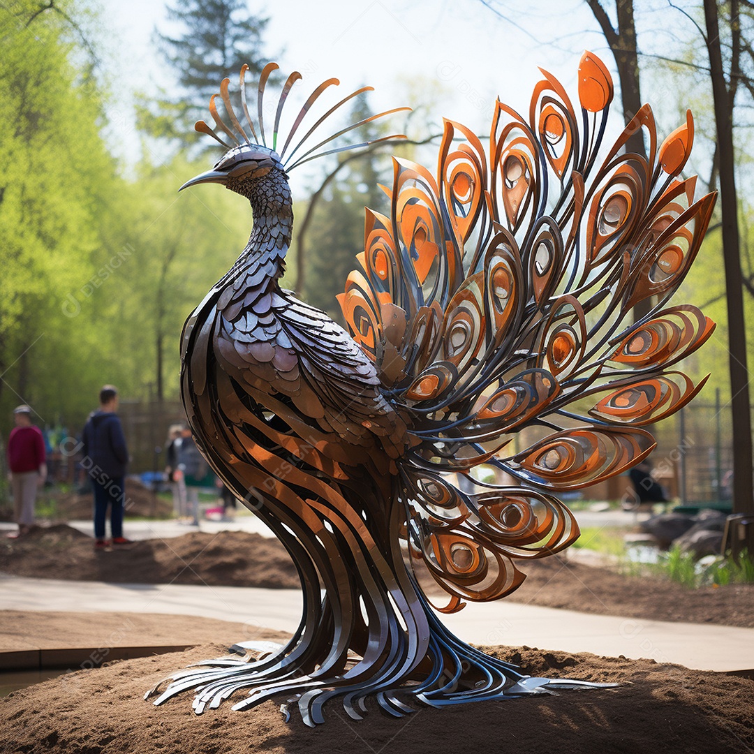 Escultura de pavão em madeira artesanal sob um parque