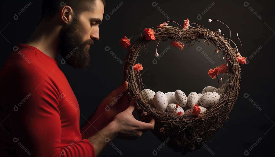 Homem olhando no espelho segurando uma linda decoração