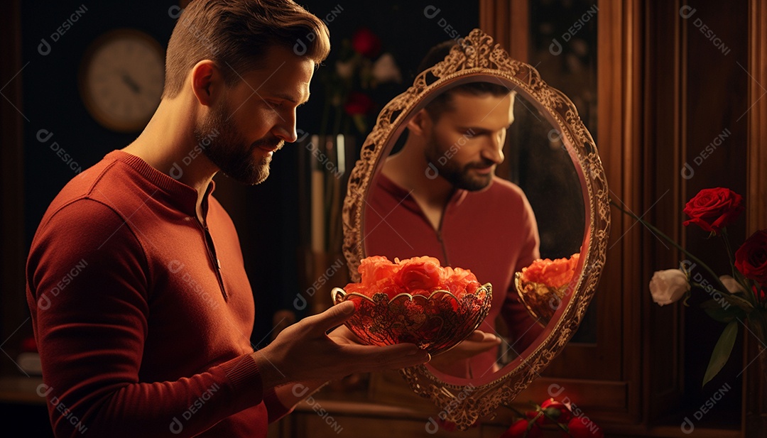 Homem olhando no espelho segurando uma linda decoração