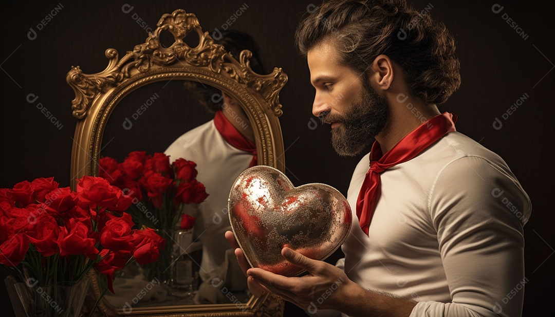 Homem olhando no espelho segurando uma linda decoração