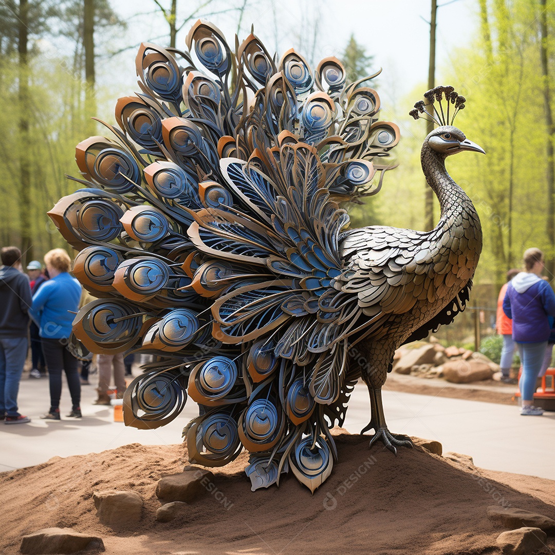 Escultura de pavão em madeira artesanal sob um parque
