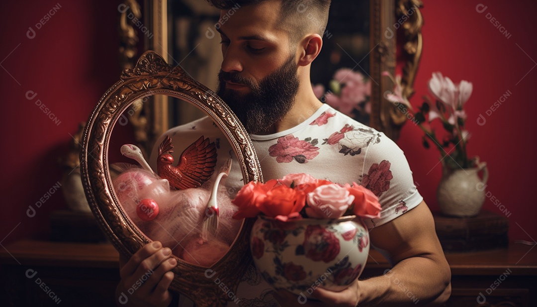 Homem olhando no espelho segurando uma linda decoração