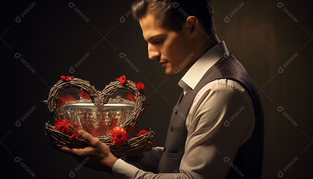 Homem olhando no espelho segurando uma linda decoração