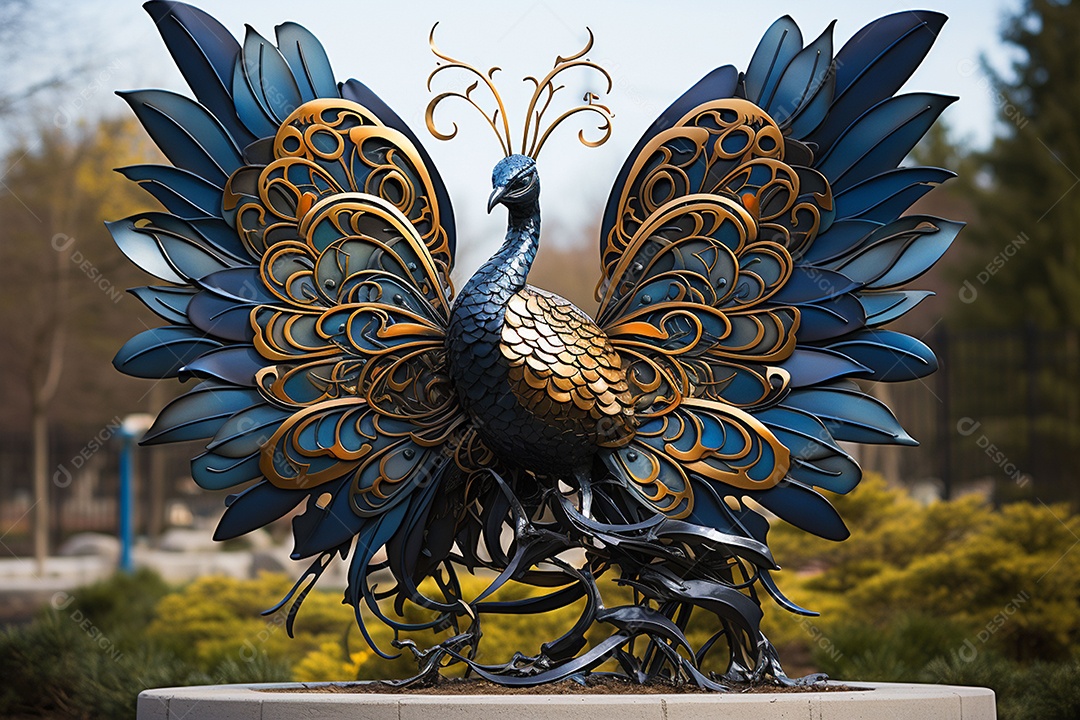 Escultura de pavão em madeira artesanal sob um parque