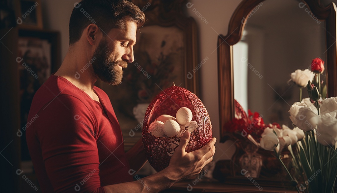 Homem olhando no espelho segurando uma linda decoração