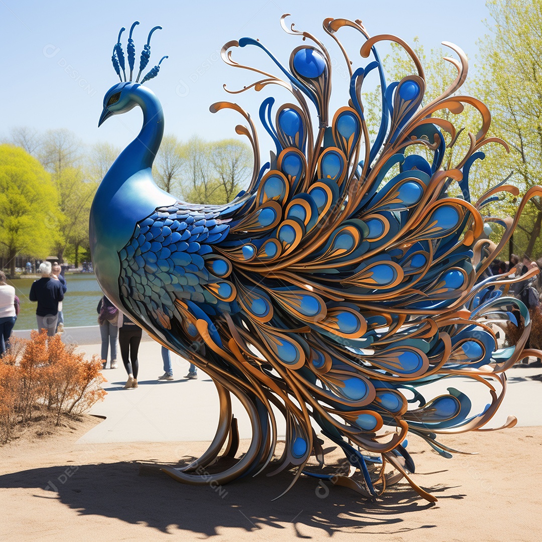 Escultura de pavão em madeira artesanal sob um parque