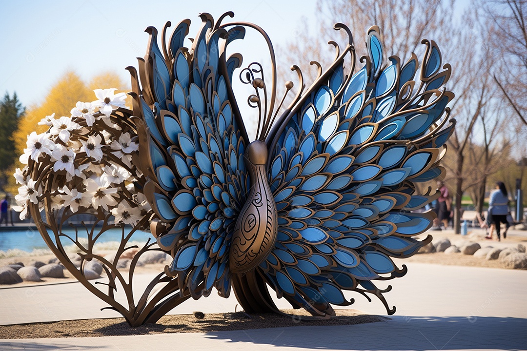 Escultura de pavão em madeira artesanal sob um parque