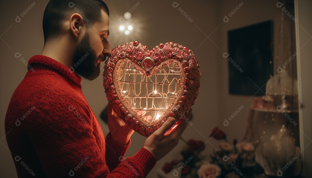 Homem olhando no espelho segurando uma linda decoração