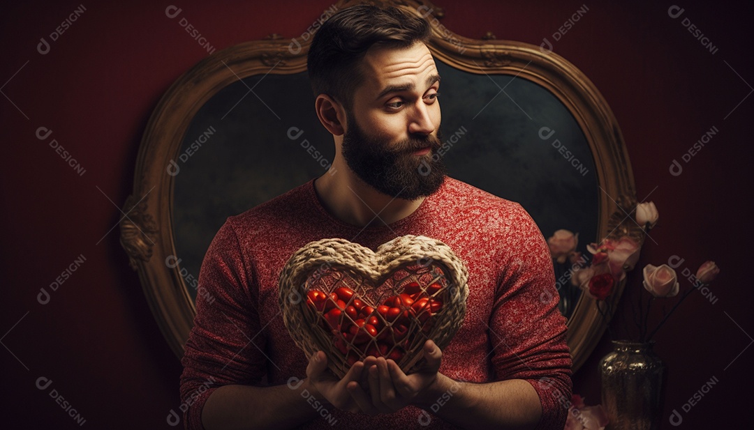 Homem olhando no espelho segurando uma linda decoração