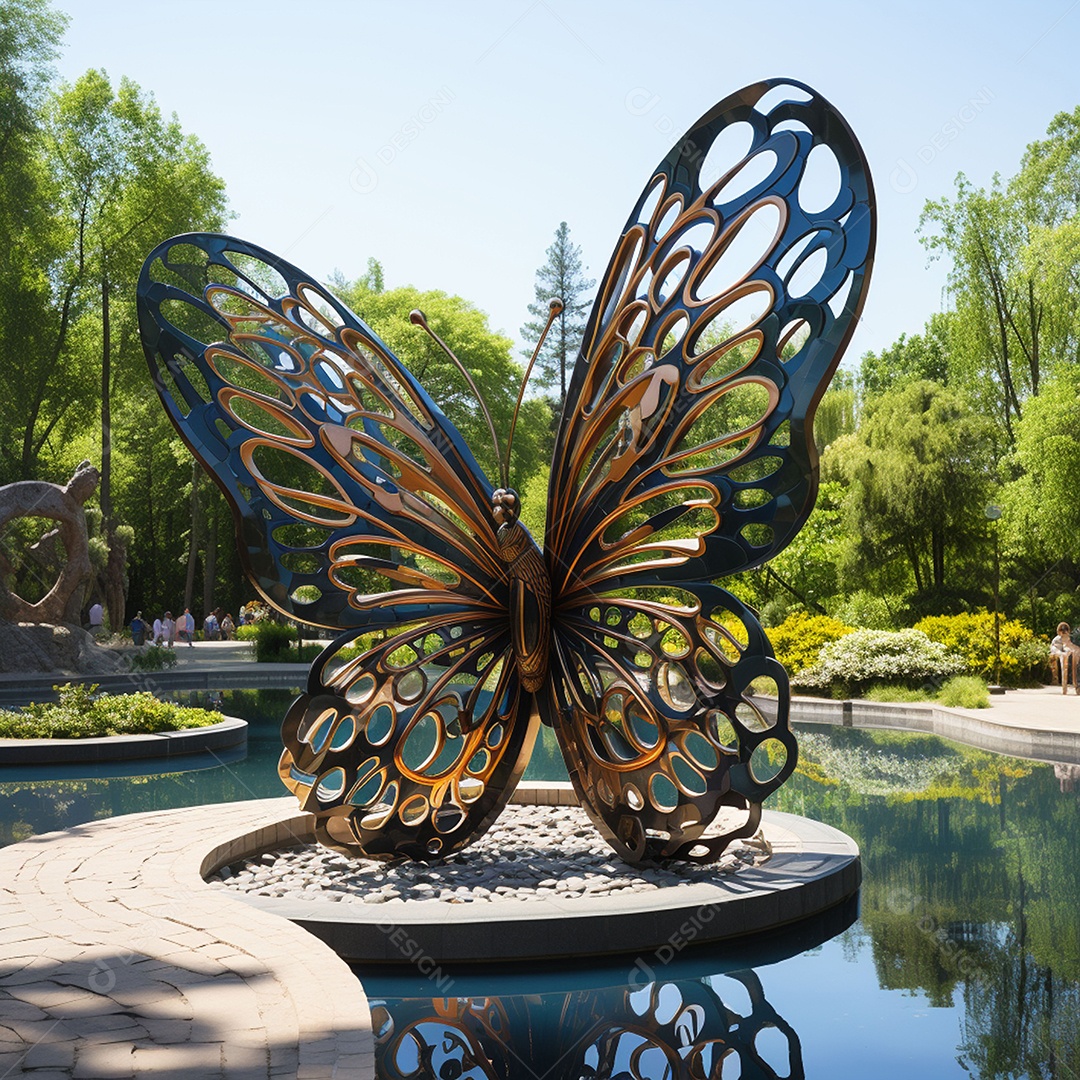 Escultura de pavão em madeira artesanal sob um parque