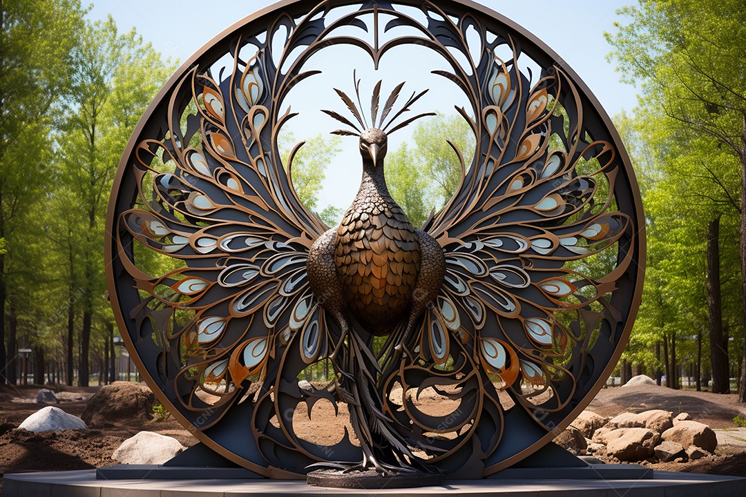 Escultura de pavão em madeira artesanal sob um parque