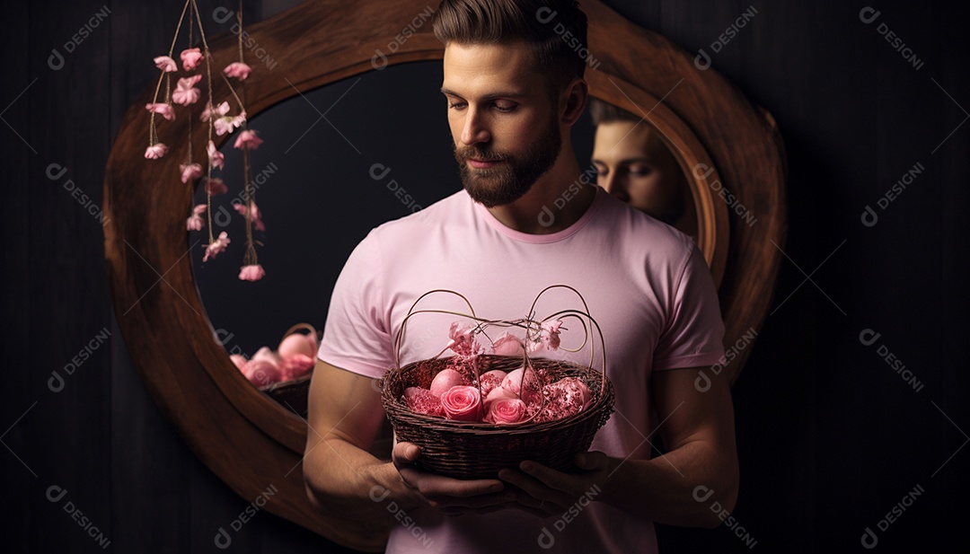 Homem olhando no espelho segurando uma linda decoração