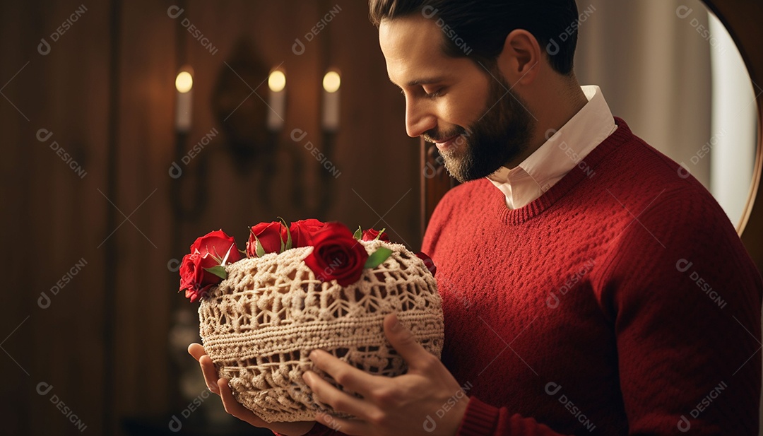 Homem olhando no espelho segurando uma linda decoração