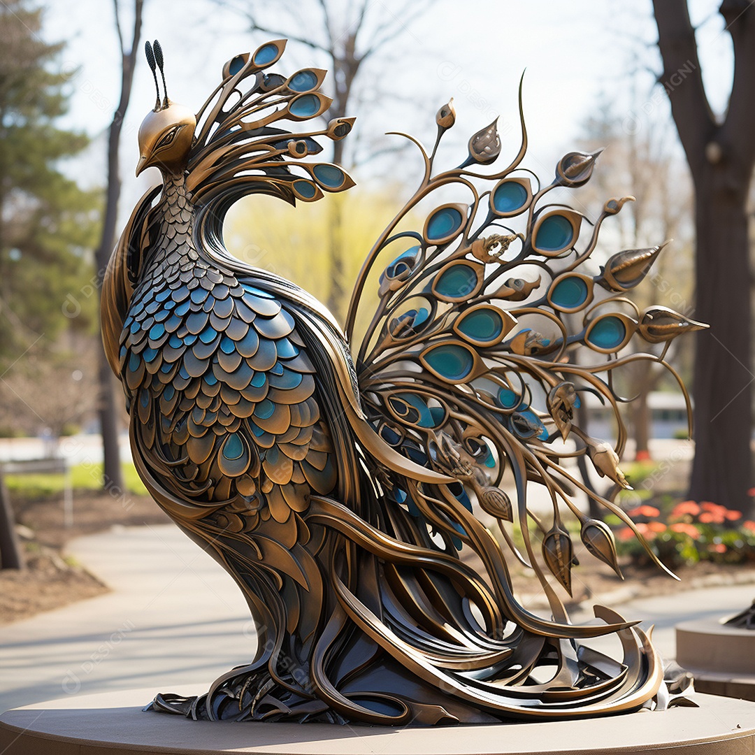 Escultura de pavão em madeira artesanal sob um parque