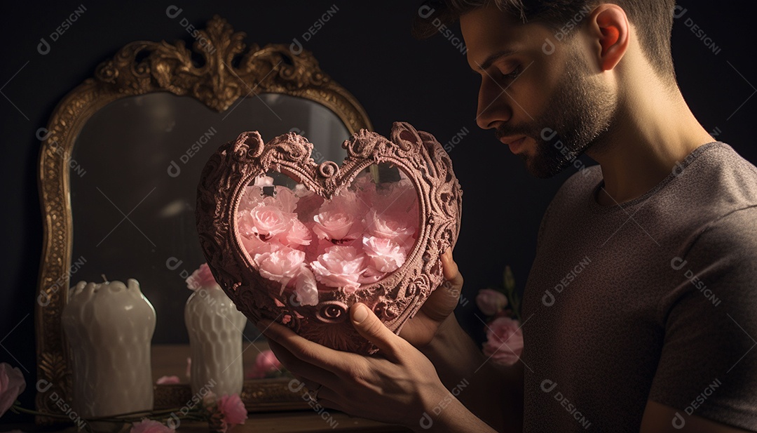 Homem olhando no espelho segurando uma linda decoração