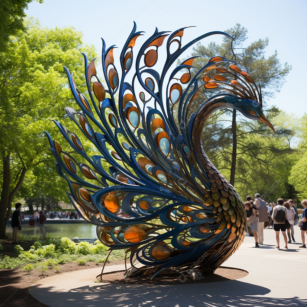 Escultura de pavão em madeira artesanal sob um parque