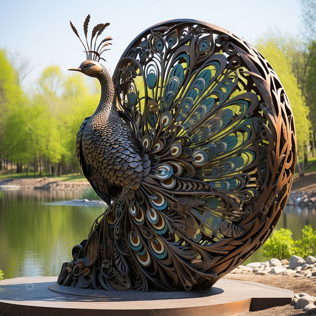 Escultura de pavão em madeira artesanal sob um parque