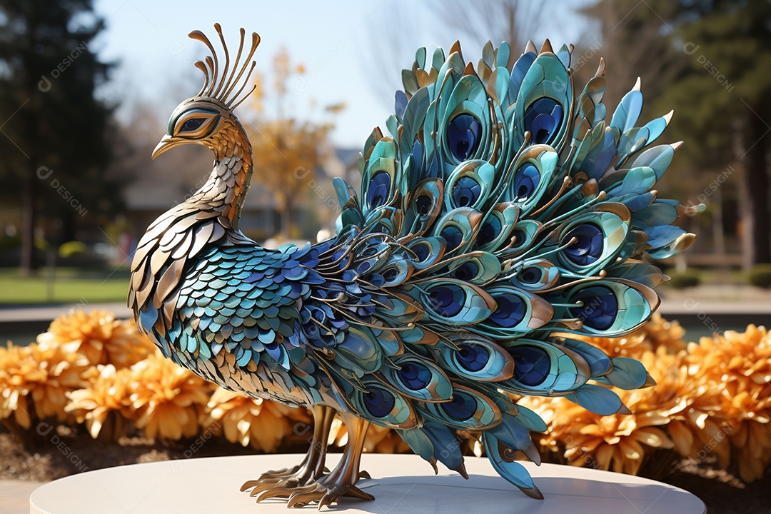 Escultura de pavão em madeira artesanal sob um parque