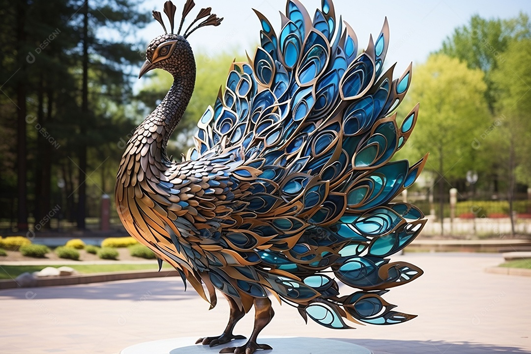 Escultura de pavão em madeira artesanal sob um parque