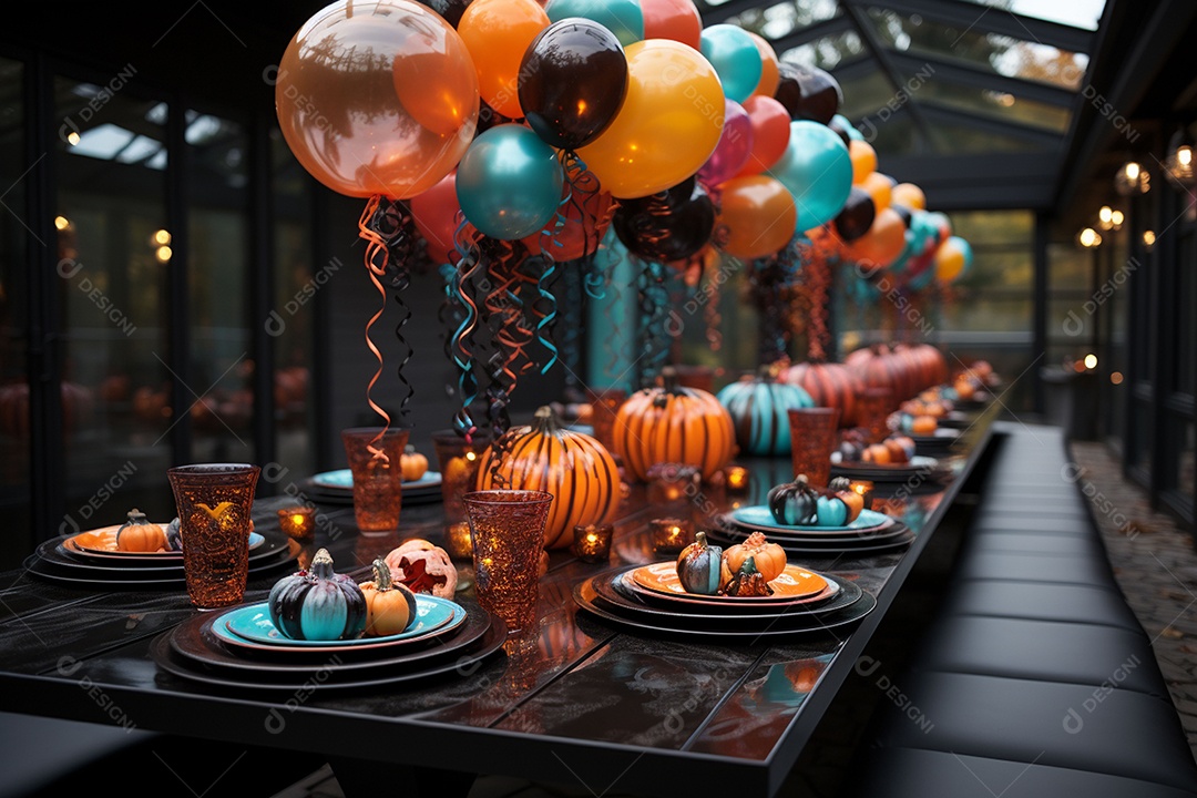 Mesa de jantar para festa de Halloween infantil decoração colorida