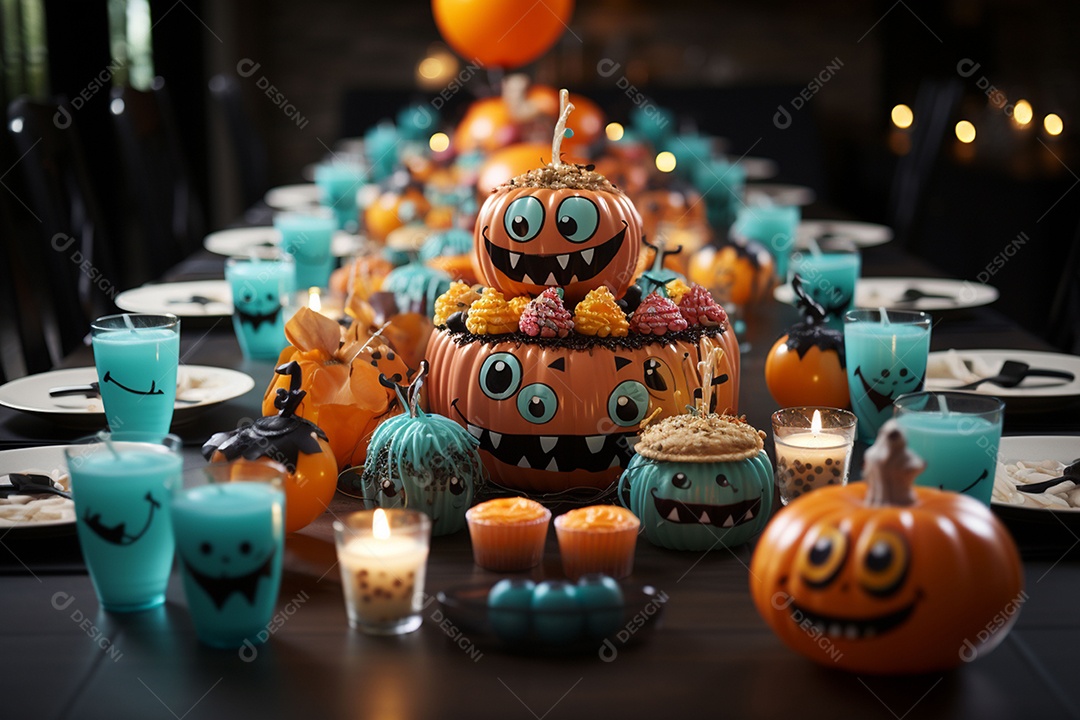 Mesa de jantar para festa de Halloween infantil decoração colorida