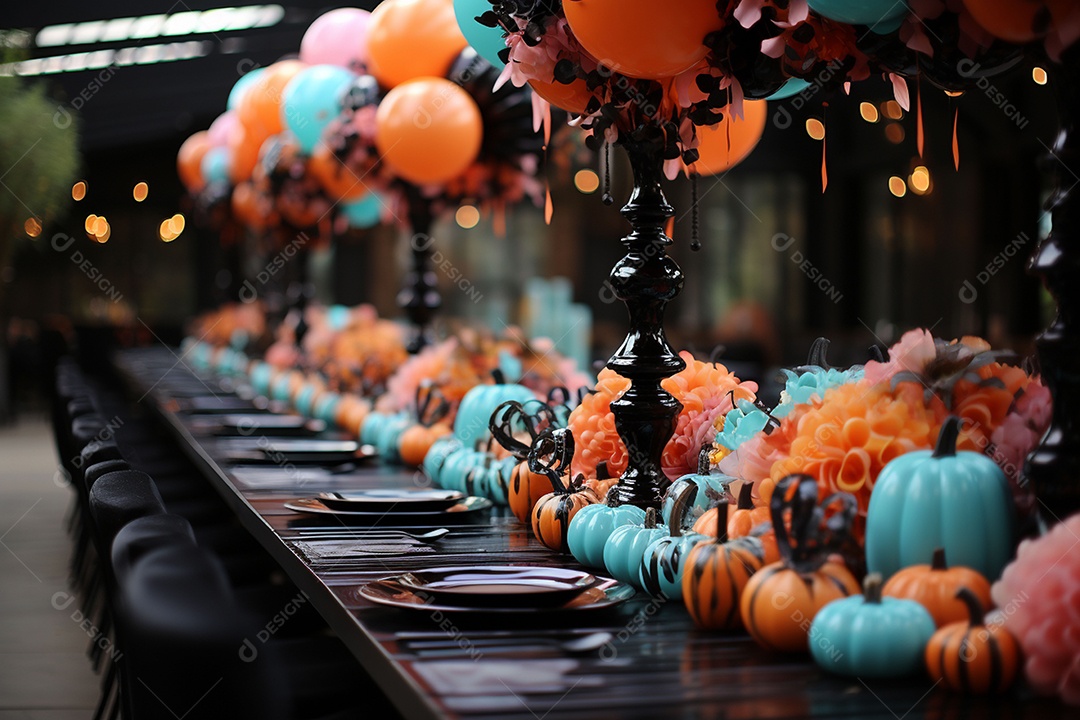 Mesa de jantar para festa de Halloween infantil decoração colorida