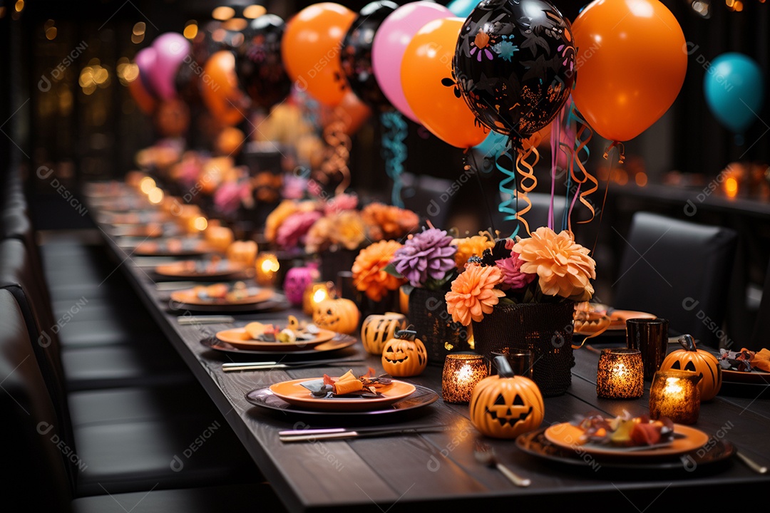 Mesa de jantar para festa de Halloween infantil decoração colorida