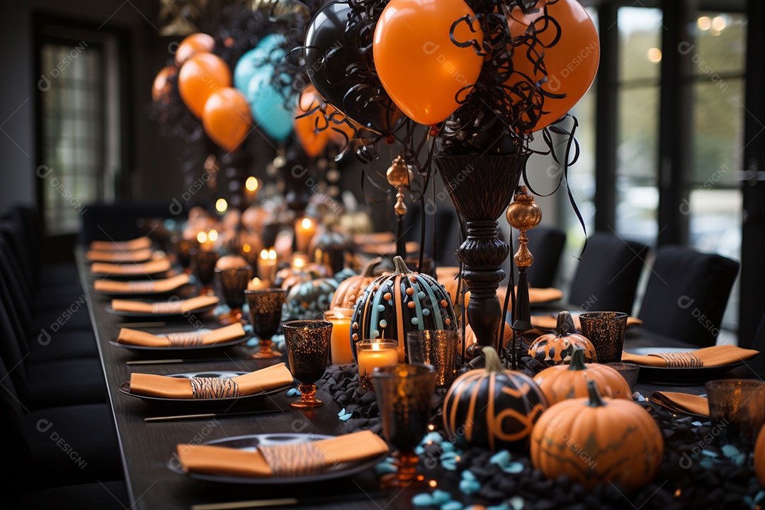 Mesa de jantar para festa de Halloween infantil decoração colorida