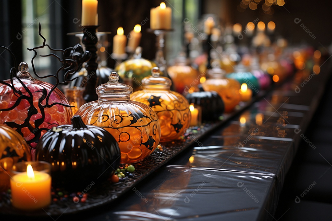 Mesa de jantar para festa de Halloween infantil decoração colorida