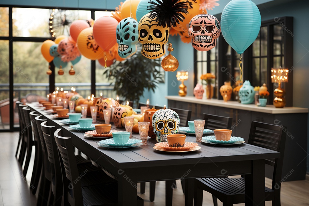 Mesa de jantar para festa de Halloween infantil decoração colorida