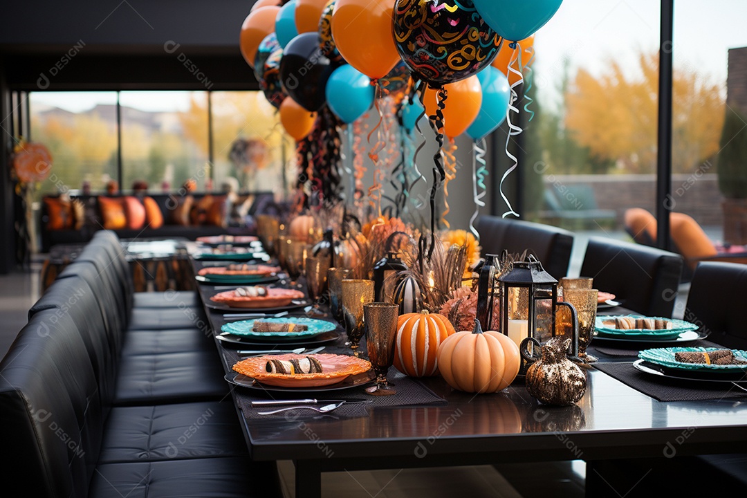 Mesa de jantar para festa de Halloween infantil decoração colorida