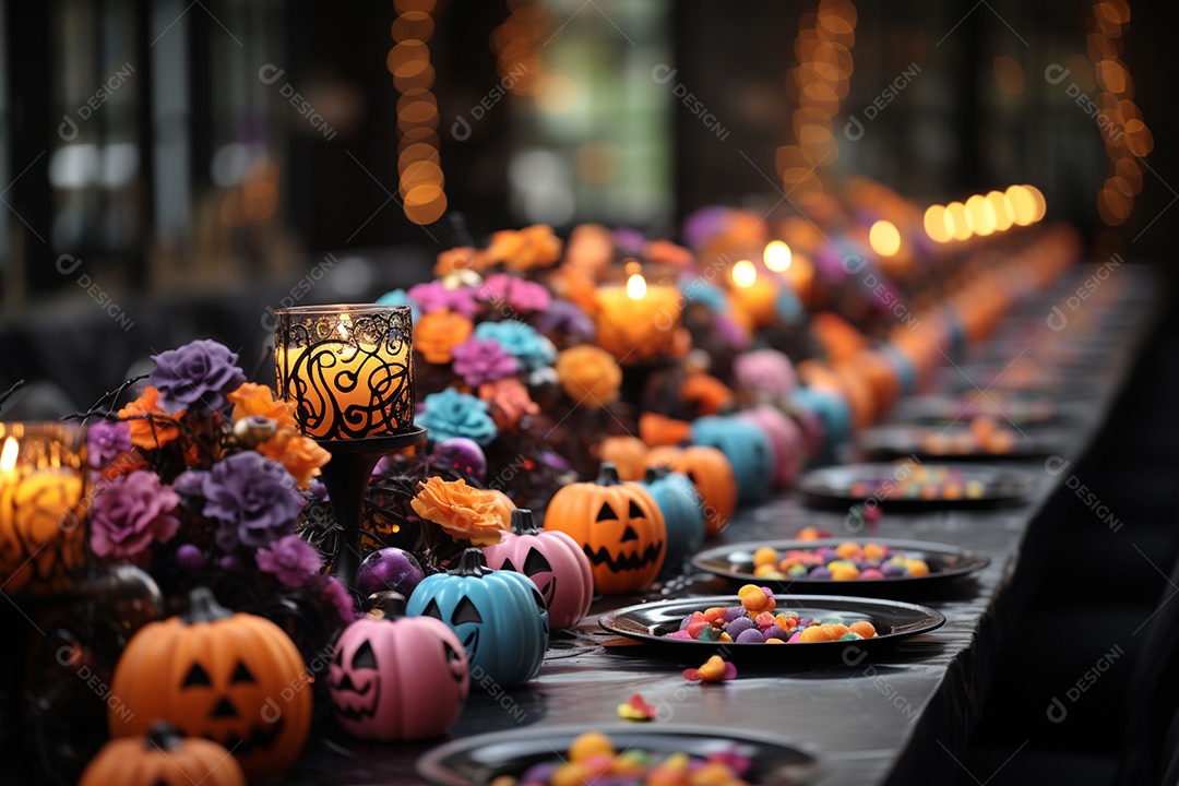 Mesa de jantar para festa de Halloween infantil decoração colorida