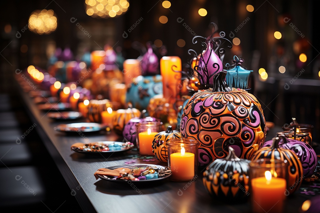 Mesa de jantar para festa de Halloween infantil decoração colorida