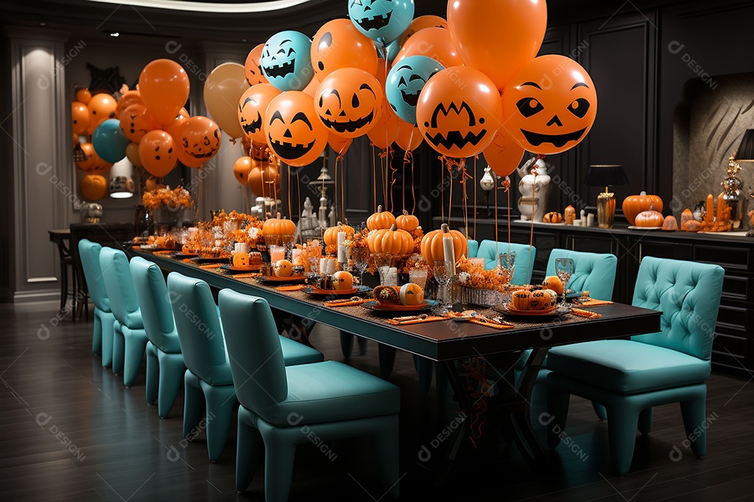 Mesa de jantar para festa de Halloween infantil decoração colorida