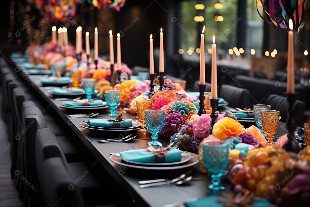 Mesa de jantar para festa de Halloween infantil decoração colorida