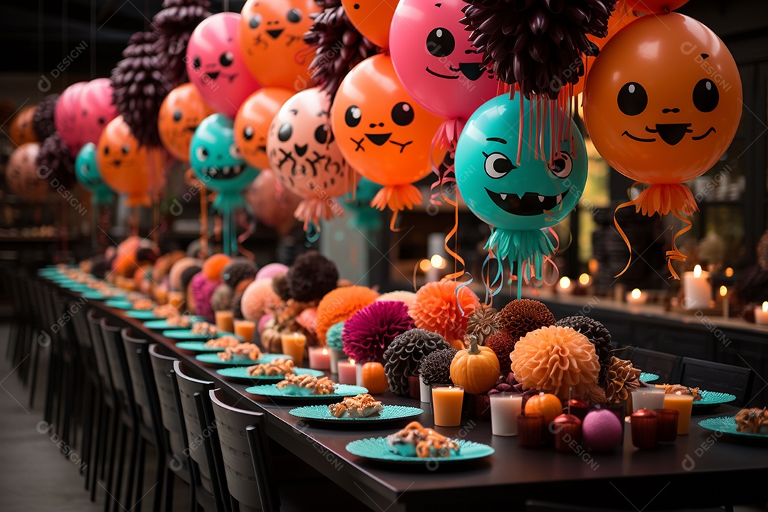 Mesa de jantar para festa de Halloween infantil decoração colorida
