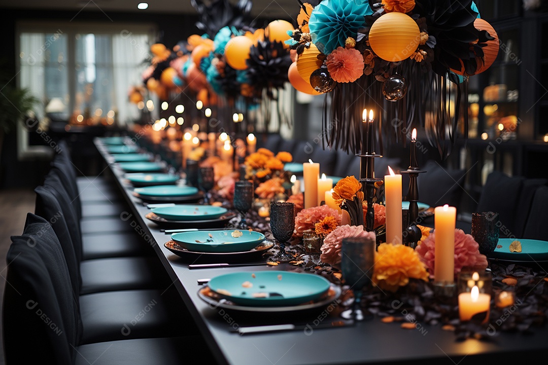Mesa de jantar para festa de Halloween infantil decoração colorida