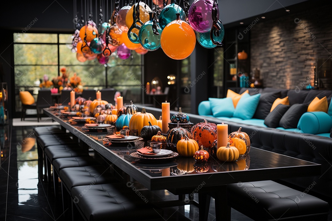 Mesa de jantar para festa de Halloween infantil decoração colorida