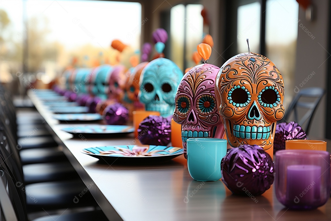 Mesa de jantar para festa de Halloween infantil decoração colorida