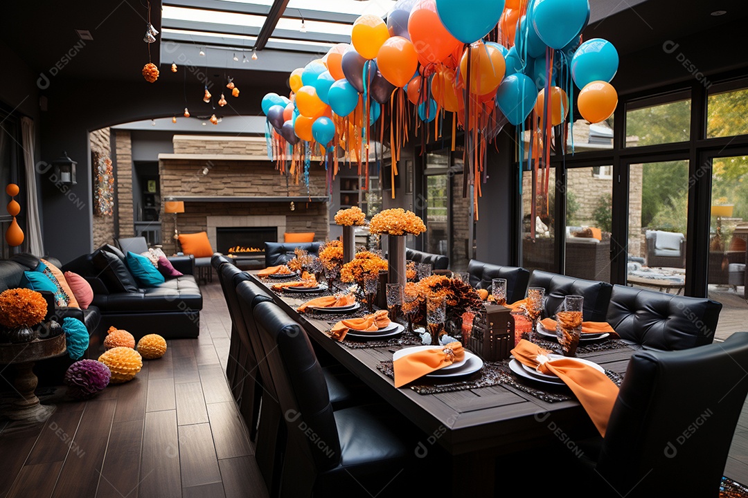 Mesa de jantar para festa de Halloween infantil decoração colorida
