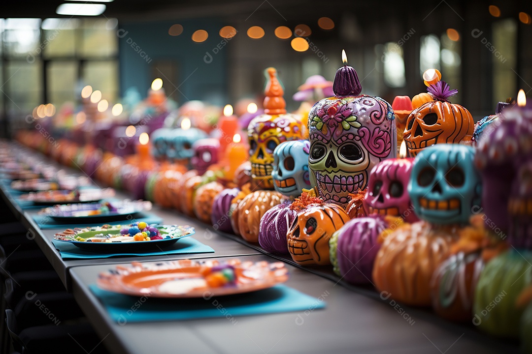 Mesa de jantar para festa de Halloween infantil decoração colorida
