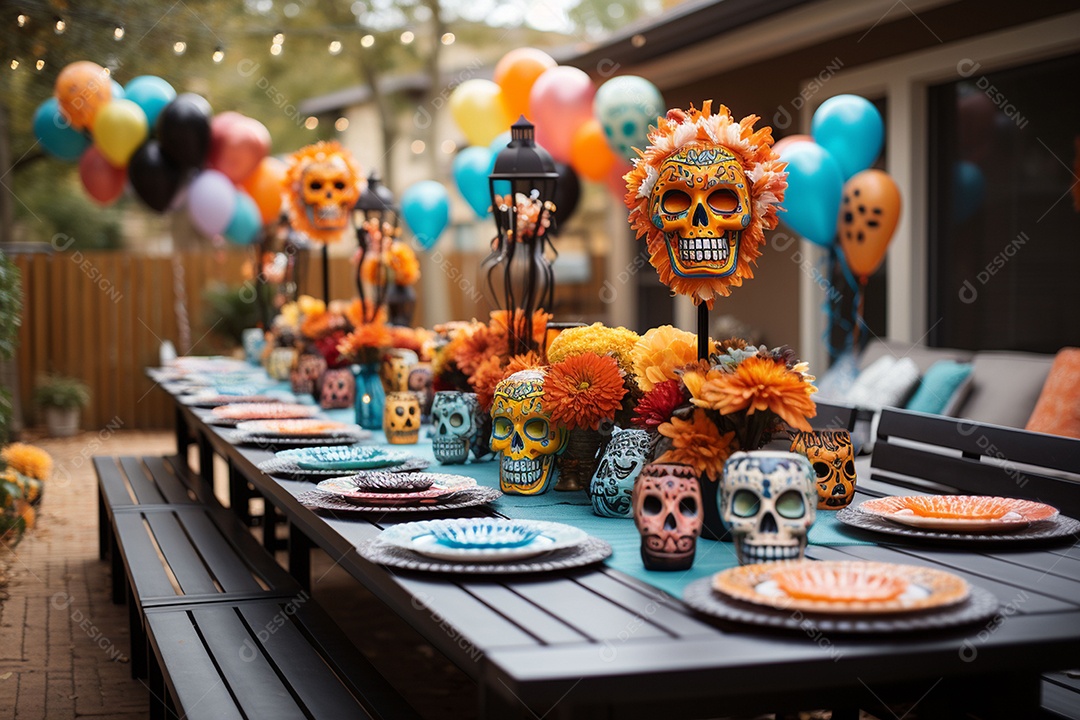 Mesa de jantar para festa de Halloween infantil decoração colorida