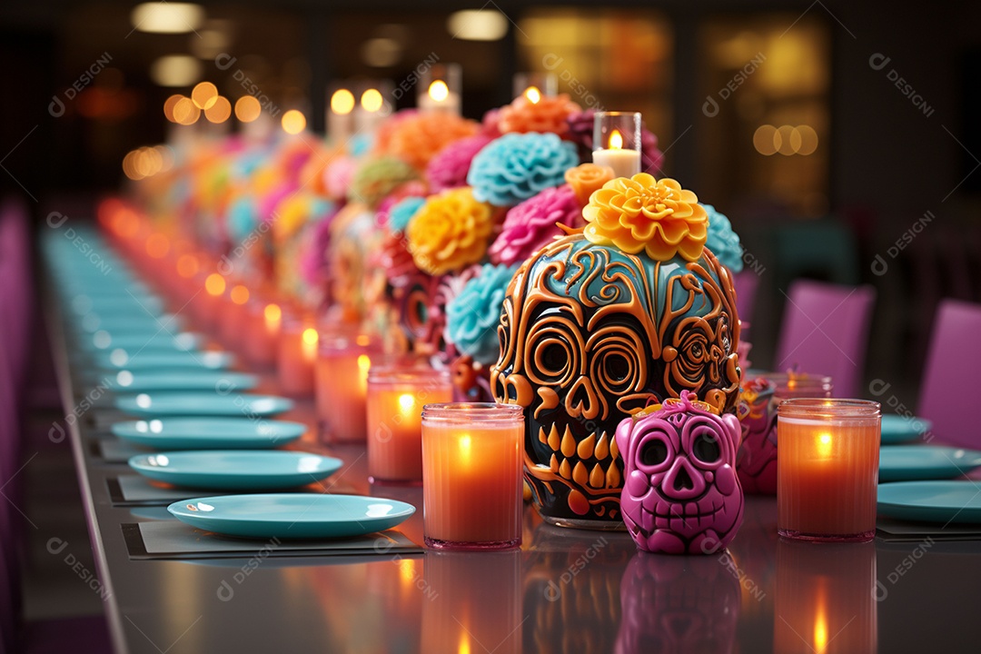 Mesa de jantar para festa de Halloween infantil decoração colorida