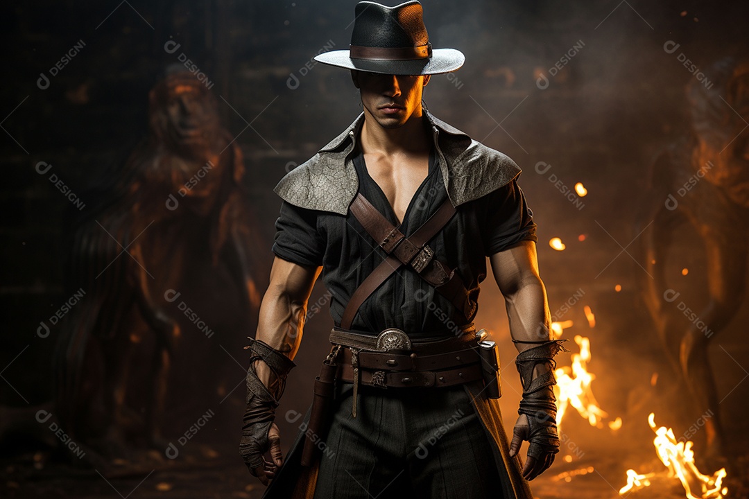 Homem vestido com um estilo que remete ao velho oeste com um chapéu de cowboy colete e acessórios que sugerem um personagem